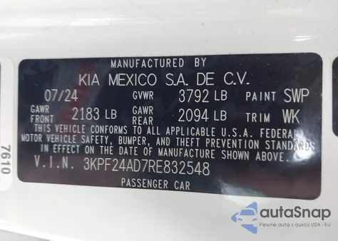 2024 Kia Forte Lxs из США, поврежденный, VIN 3KPF24AD7RE832548